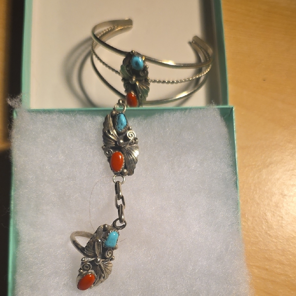 Sterling-Style Hand Chain Bracelet with Turquoise Blue and Coral Red Stones - Picture 3 of 9